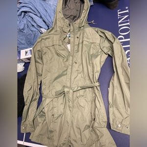 Columbia long tie waist rain jacket